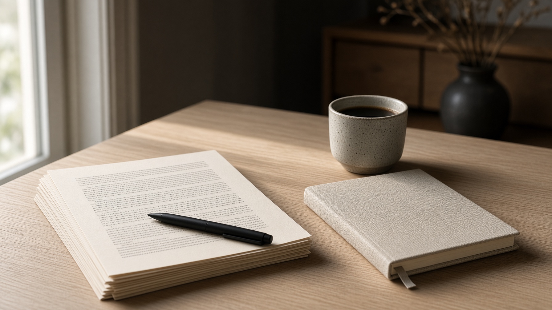 Printed pages and a pen on a quiet desk
